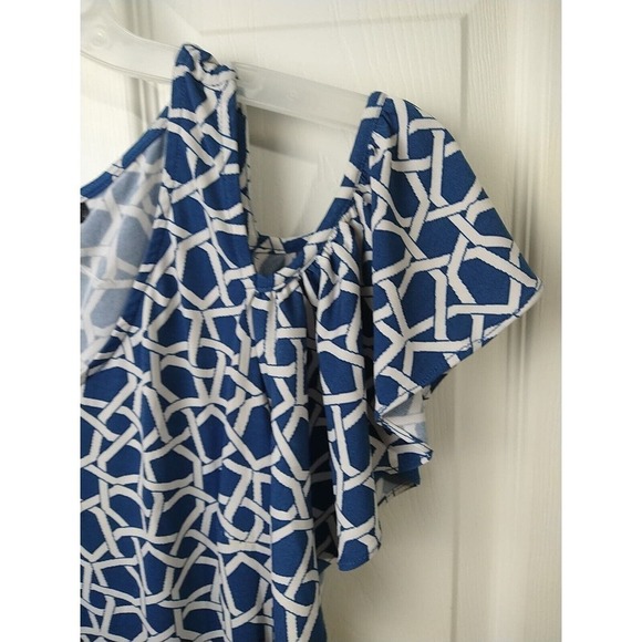 $ Roz & Ali Medium M Blue White Geometric Print Cold Shoulder Sheath Dress VNeck - Picture 5 of 10
